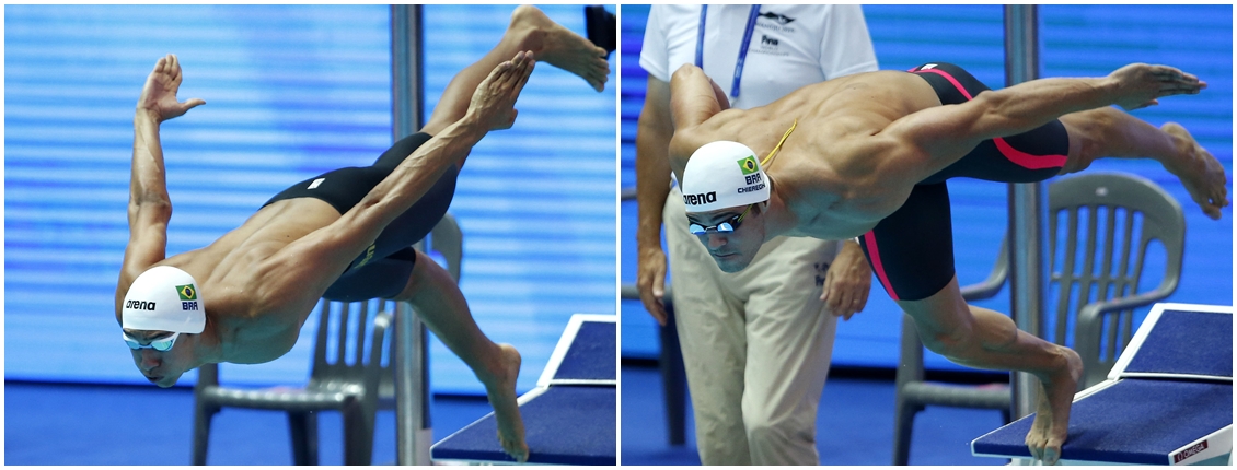 Breno Correia e Marcelo Chierighni decolam para as eliminatórias dos 100m livre. Fotos: Satiro Sodré/rededoesporte.gov.br