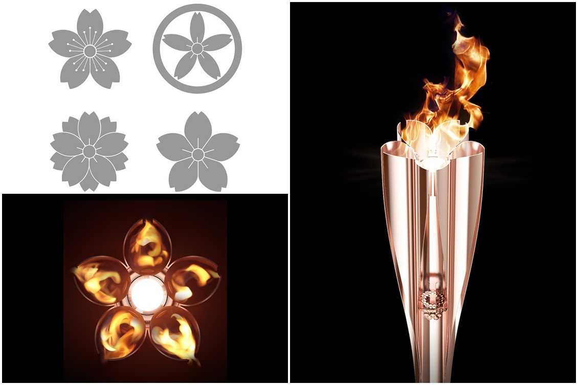 #pracegover: Fotos retratam estilizações da flor de cerejeira e o design da tocha dos Jogos Tóquio 2020, que tem cinco "pétalas" e tons de dourado com o rosa da  planta símbolo do Japão
